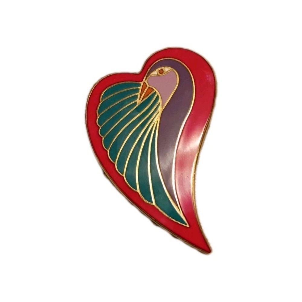 Laurel Burch Gold Tone "Dove Heart" pin brooch. Red, Purple, Teal Chic Vintage